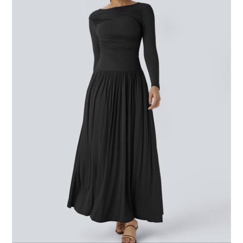 NWT Halara 3X Black Boat Neck Long Sleeve Ruched Flowy Maxi Casual Dress pocket